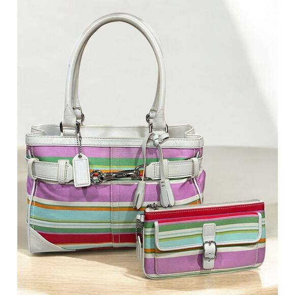 Y2K Coach F10704 Hamptons Stripe Satchel Bag & Large Wristlet - Picture 16 of 16